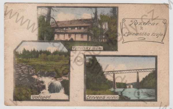  - Milevsko (Písek), více záběrů, Tyrolský dům, vodopád, Červená nad Vltavou, kolorovaná, koláž