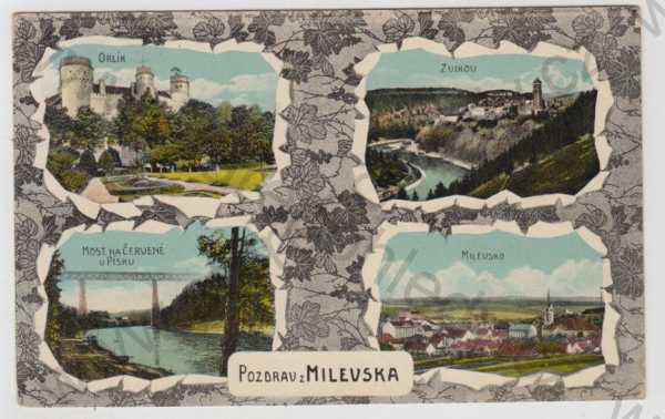  - Milevsko (Písek), celkový pohled, více záběrů, Orlík, most na Červené, Zvíkov, kolorovaná