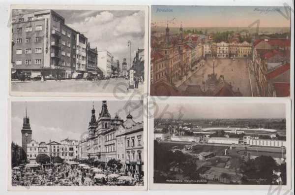  - 4x Pardubice (Pardubitz), náměstí, stadion, výstaviště, pohled ulicí, automobil, trh