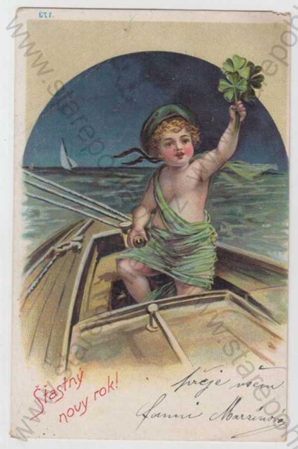  - Nový rok, dítě, plachetnice, loď, čtyřlístek, kolorovaná, DA, plastická karta