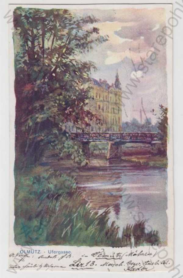  - Olomouc (Olmütz), řeka, most, částečný záběr města, kolorovaná