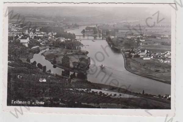  - Litoměřice (Leitmeritz), řeka, Labem loď, most, částečný záběr města