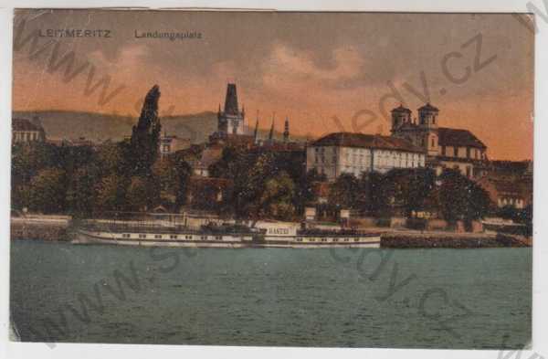  - Litoměřice (Leitmeritz), řeka, loď, částečný záběr města, kolorovaná