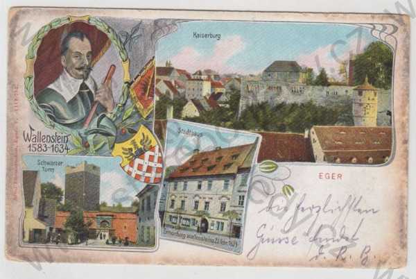  - Cheb (Eger), více záběrů, Chebský hrad, věž, Stadthaus, Wallenstein, portrét, erb, znak, kolorovaná, koláž