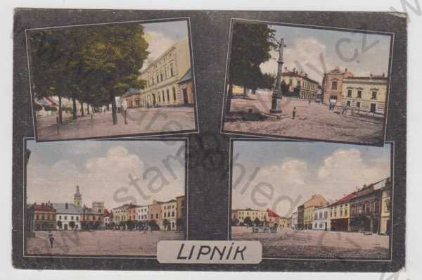  - Lipník nad Bečvou (Přerov), více záběrů, pohled ulicí, náměstí, socha, sloup, kolorovaná