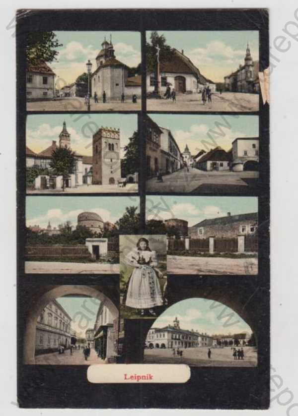  - Lipník nad Bečvou (Leipnik) - Přerov, více záběrů, kostel, věž, náměstí, částečný záběr města, žena, kroj, kolorovaná