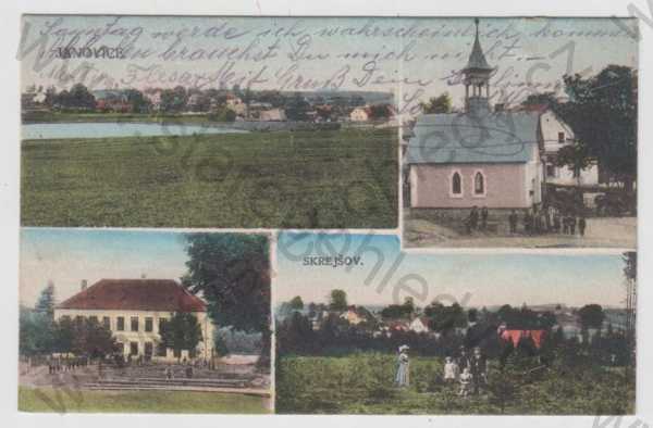  - Janovice (Jihlava), více záběrů, celkový pohled, kostel, škola, částečný záběr města, kolorovaná