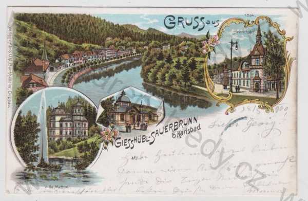  - Kyselka (Giesshübl Sauerbrunn) - Karlovy Vary, více záběrů, řeka, částečný záběr města, kolorovaná, DA