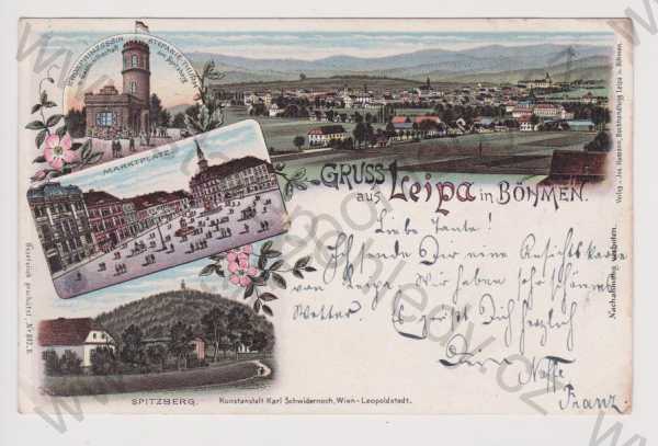  - Česká Lípa - celkový pohled, náměstí, Špičák, rozhledna, litografie, DA, koláž, kolorovaná