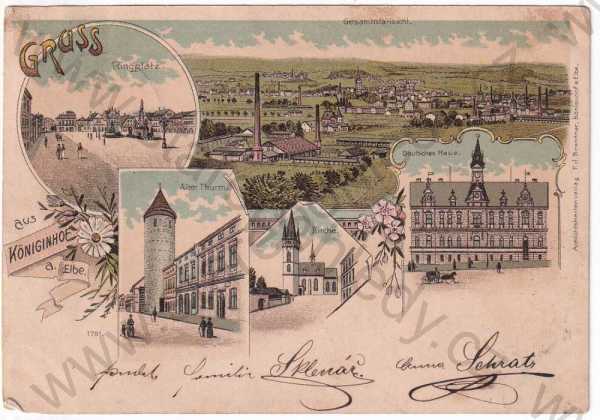  - Dvůr Králové nad Labem - celkový pohled, náměstí, Německý dům, stará věž, kostel, litografie, DA, koláž, kolorovaná