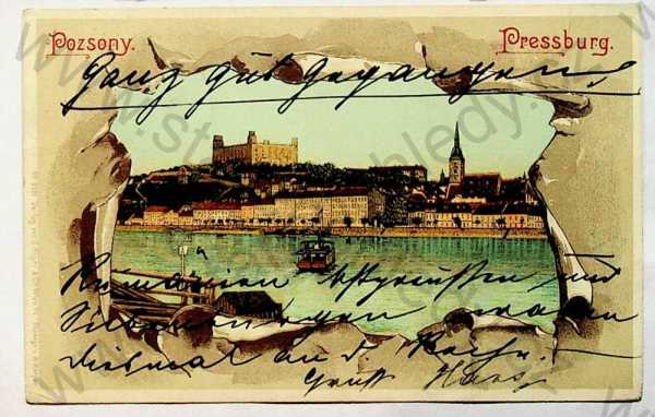 - Slovensko, Bratislava (Pozsony, Pressburg), hrad, částečný záběr města, řeka, loď, kolorovaná, DA