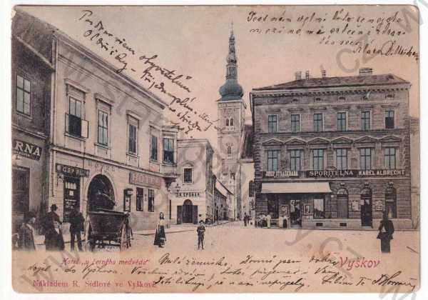  - Vyškov - hotel U černého medvěda, spořitelna, kostel, kolorovaná, DA
