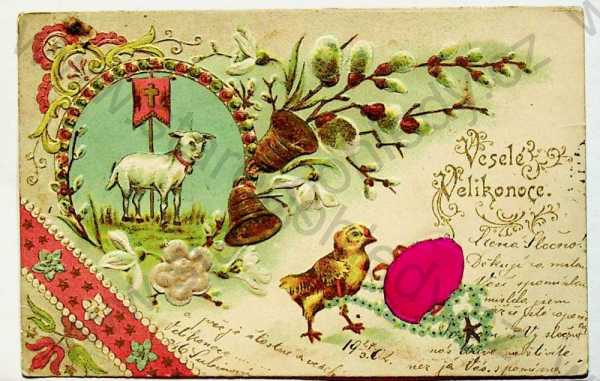  - Velikonoce, kuře, ovce, beránek, vejce, kraslice, zvon, kolorovaná, plastická karta, zlacená, DA