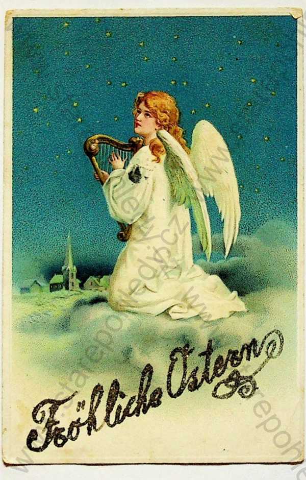  - Velikonoce, anděl, harfa, třpytivá, kolorovaná