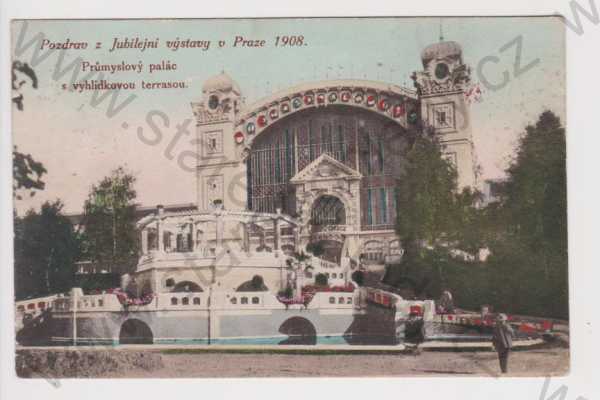  - Praha - Výstaviště - výstava 1908, průmyslový palác, vyhlídková terasa, kolorovaná