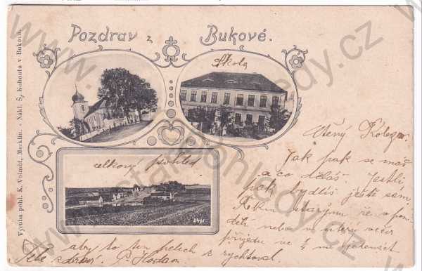  - Buková - kostel, škola, celkový pohled, koláž, DA