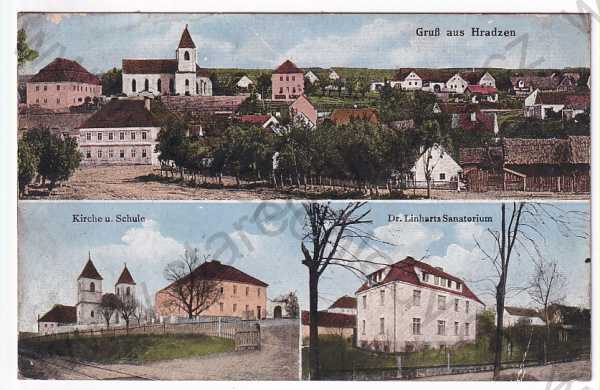  - Hradec - celkový pohled, kostel a škola, sanatorium, kolorovaná
