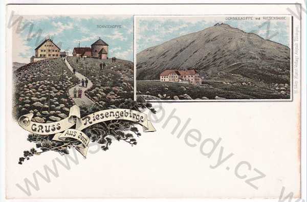  - Krkonoše - Sněžka, Riesenbaude, kolorovaná, litografie, koláž, DA