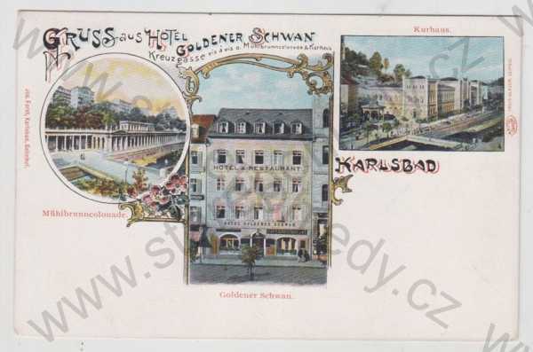  - Karlovy Vary (Karlsbad), více záběrů, kolonáda, hotel, restaurace, léčebna, kolorovaná, koláž, DA