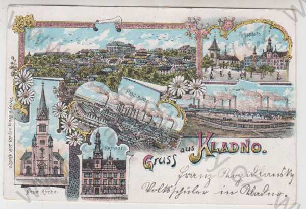  - Kladno, více záběrů, celkový pohled, náměstí, kostel, hutě, radnice, továrna, kolorovaná, koláž, litografie, DA