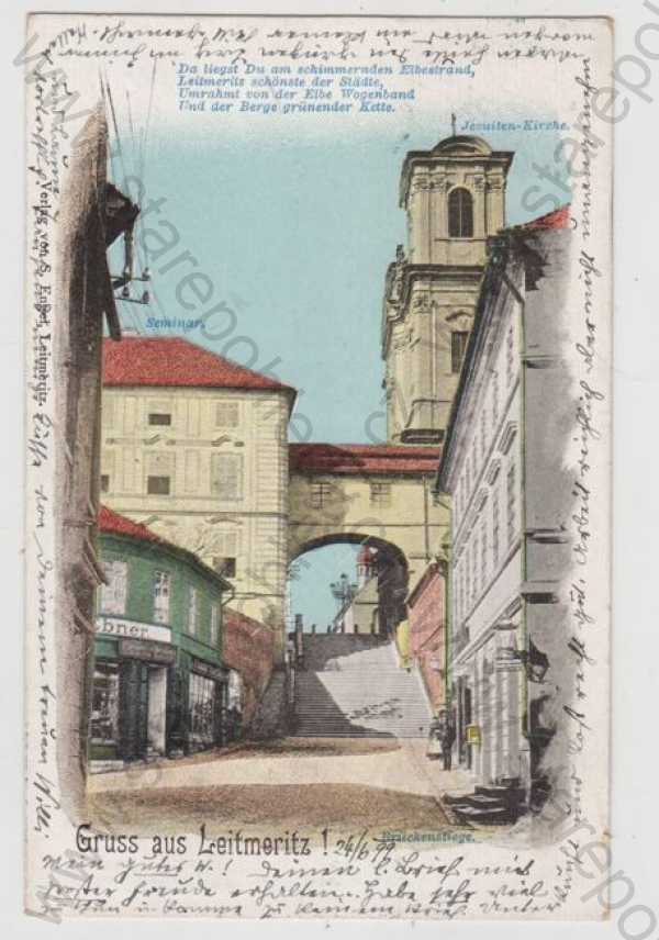  - Litoměřice (Leitmeritz), pohled ulicí, brána, kolorovaná, DA