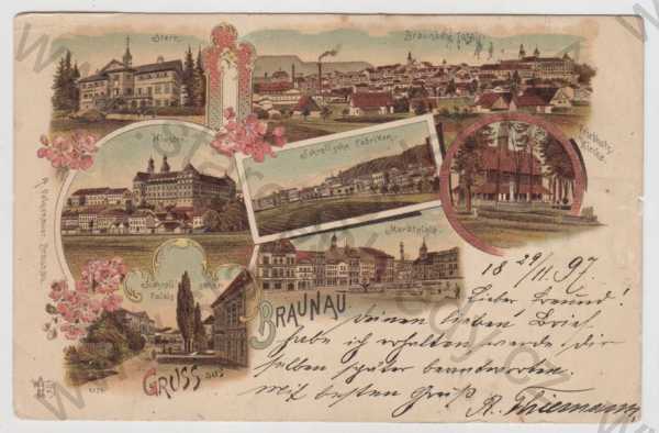  - Broumov (Braunau) - Náchod, více záběrů, celkový pohled, Stern, klášter, továrna, pohled ulicí, náměstí, kolorovaná, koláž, DA