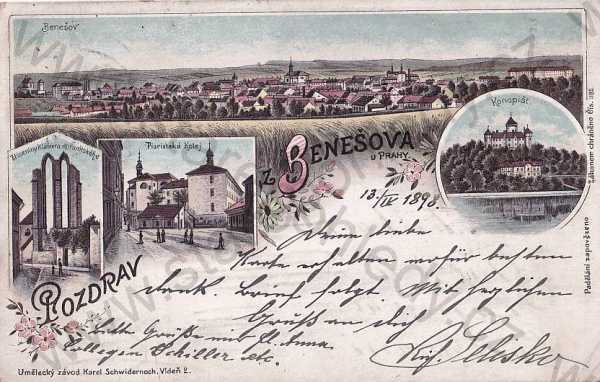  - Benešov, celkový pohled, Konopiště zámek, zřícenina kláštera, piaristická kolej, barevná, DA