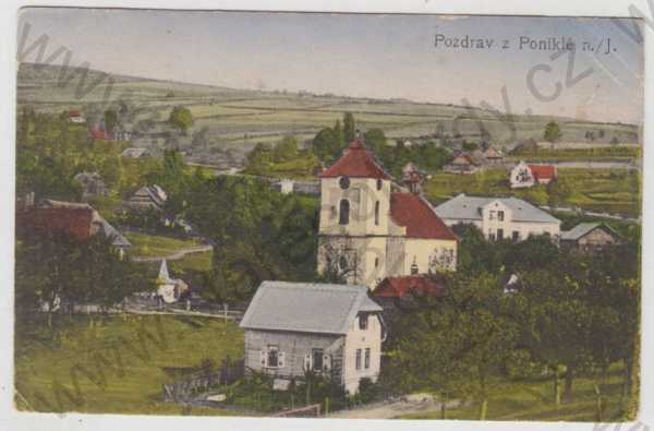  - Poniklá nad Jizerou (Semily), kostel, částečný záběr města, kolorovaná