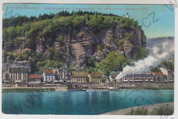  - Děčín (Tetschen - Bodenbach), řeka, parník, částečný záběr města, kolorovaná