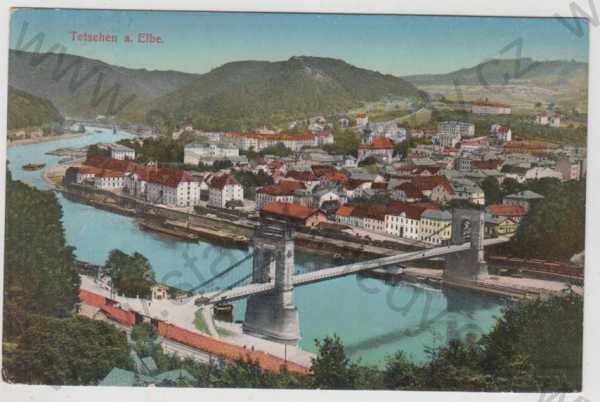  - Děčín (Tetschen a. Elbe), řeka, most, loď, částečný záběr města, kolorovaná