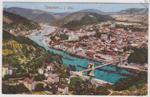  - Děčín (Tetschen a. Elbe), řeka, loď, částečný záběr města, kolorovaná