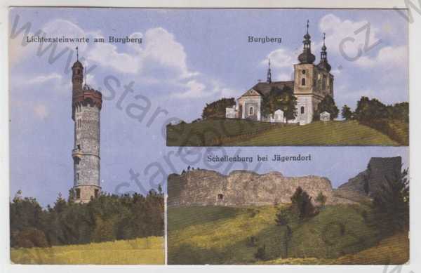  - Krnov (Jägerndorf) - Bruntál, více záběrů, Rozhledna na Cvilíně, kostel, hrad, zřícenina, kolorovaná
