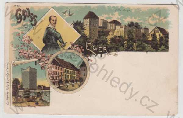  - Cheb (Eger), více záběrů, hrad, Wallenstein, rytíř, věž, kolorovaná, koláž, DA