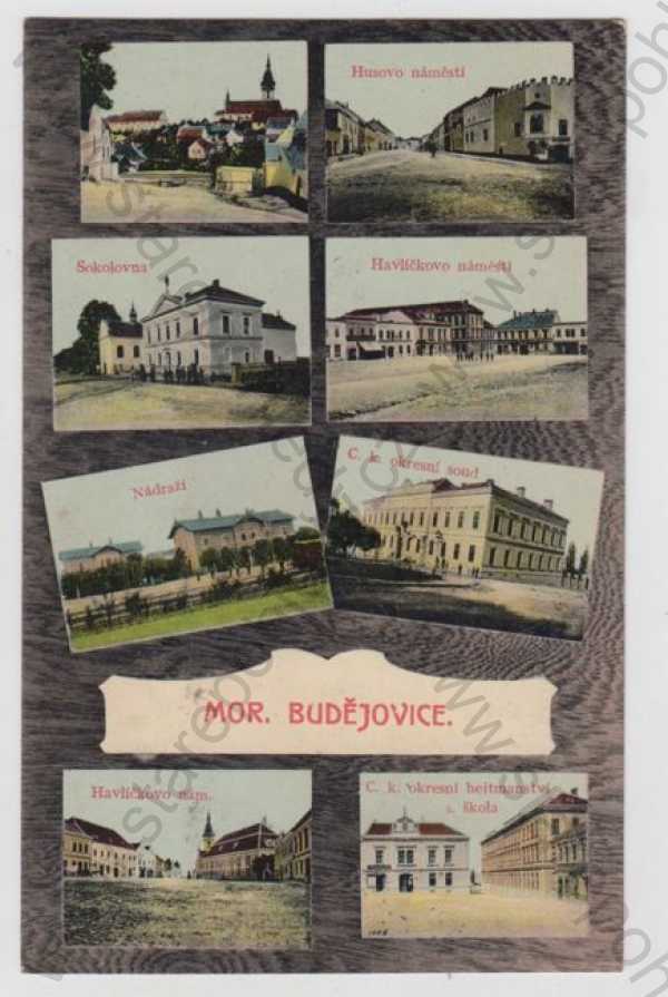 - Moravské Budějovice (Třebíč), více záběrů, náměstí, Sokolovna, nádraží, soud, hejtmanství, škola, kolorovaná, koláž
