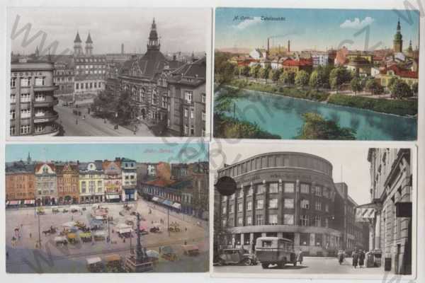  - 4x Ostrava (Mähr. Ostrau), celkový pohled, spořitelna, automobil, náměstí, částečný záběr města, kolorovaná