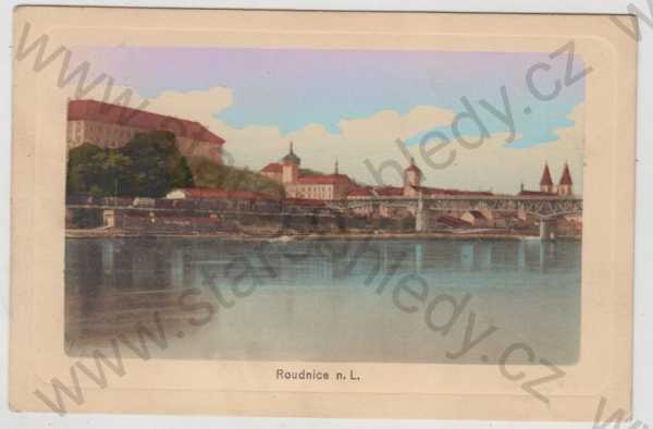  - Roudnice nad Labem (Litoměřice), řeka, částečný záběr města, kolorovaná, plastická karta