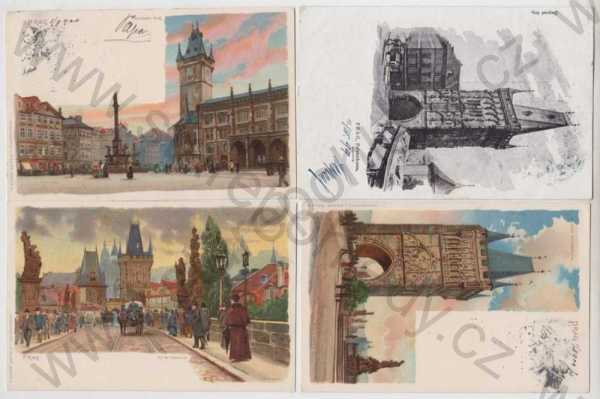  - 4x Praha 1, Prašná brána, Mostecká věž, Staroměstské náměstí, KArlův most, kůň, povoz, kolorovaná, DA