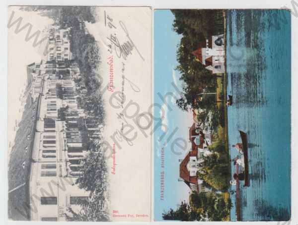  - 2x Františkovy lázně (Franzensbad) - Cheb, pohled ulicí, DA, rybník, loď, kostel, kolorovaná