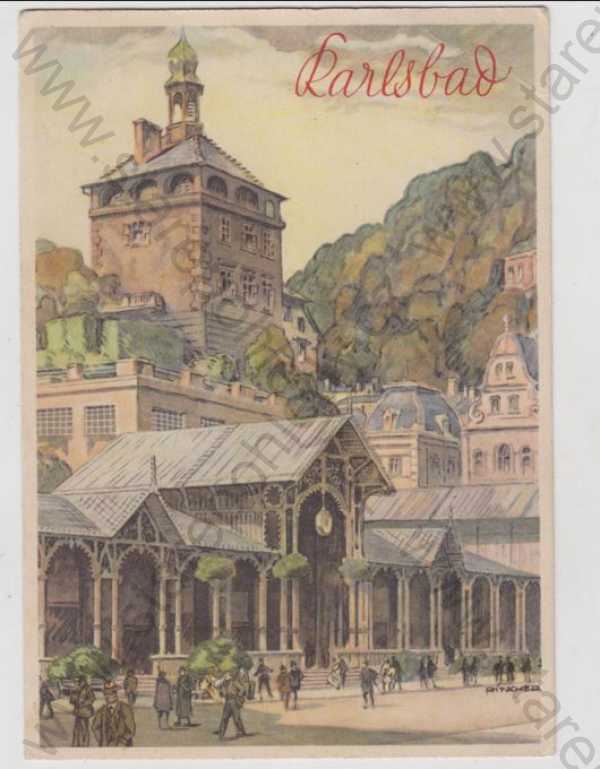  - Karlovy Vary (Karlsbad), promenáda, pramen, kolorovaná