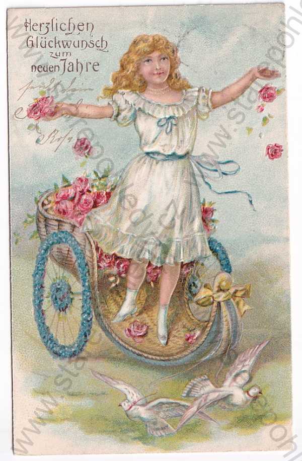  - Nový rok - dívka ve voze s květinami, holubice, litografie, plastická, kolorovaná