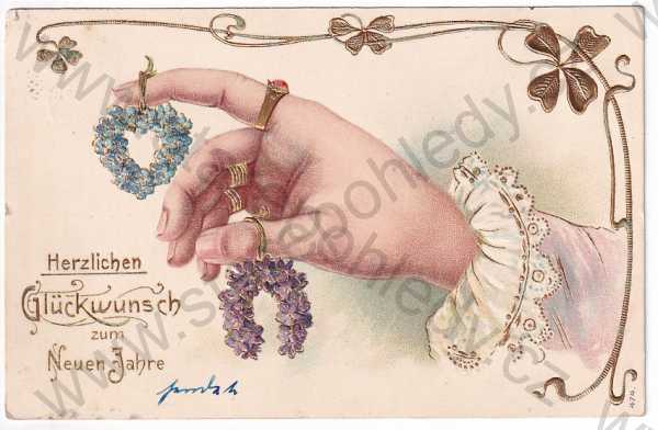  - Nový rok - ruka, prsteny, květiny, zlacená, plastická, litografie, kolorovaná