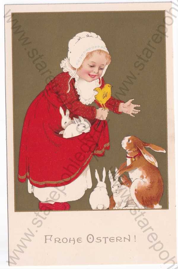  - Velikonoce - dítě, zajíc, litografie, kolorovaná