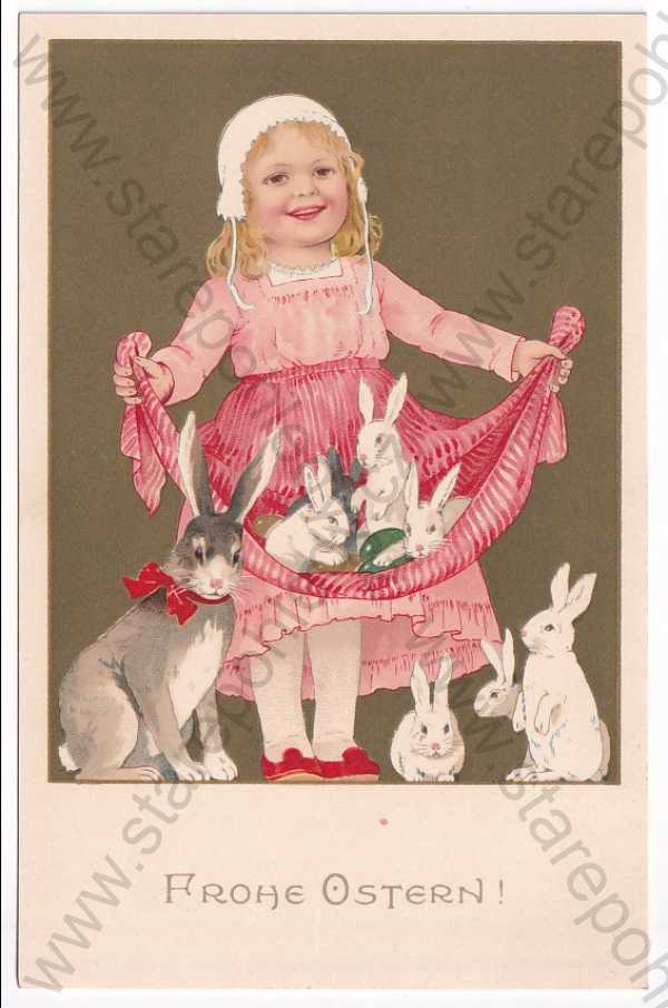  - Velikonoce - dítě, zajíc, litografie, kolorovaná