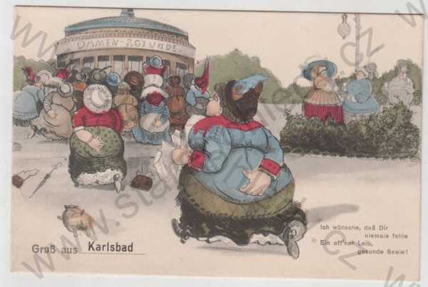 - Karlovy Vary (Karlsbad), rotunda, žena, tloušťka, humor, kolorovaná