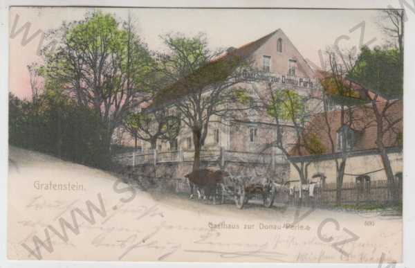  - Grabštejn (Grafenstein) - Liberec, restaurace, kráva, povoz, kolorovaná, DA