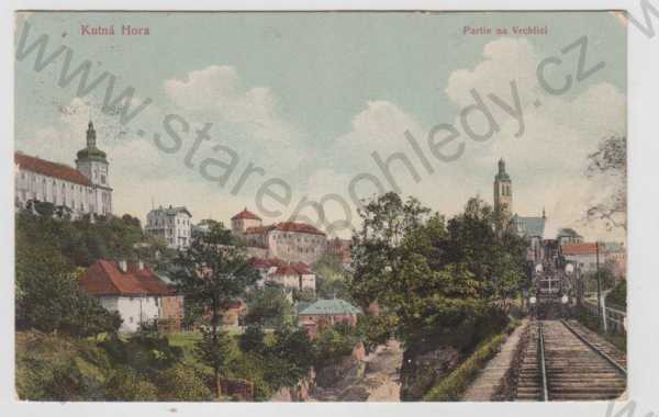  - Kutná Hora, partie, Vrchlice, koleje, vlak, lokomotiva, částečný záběr města, kolorovaná
