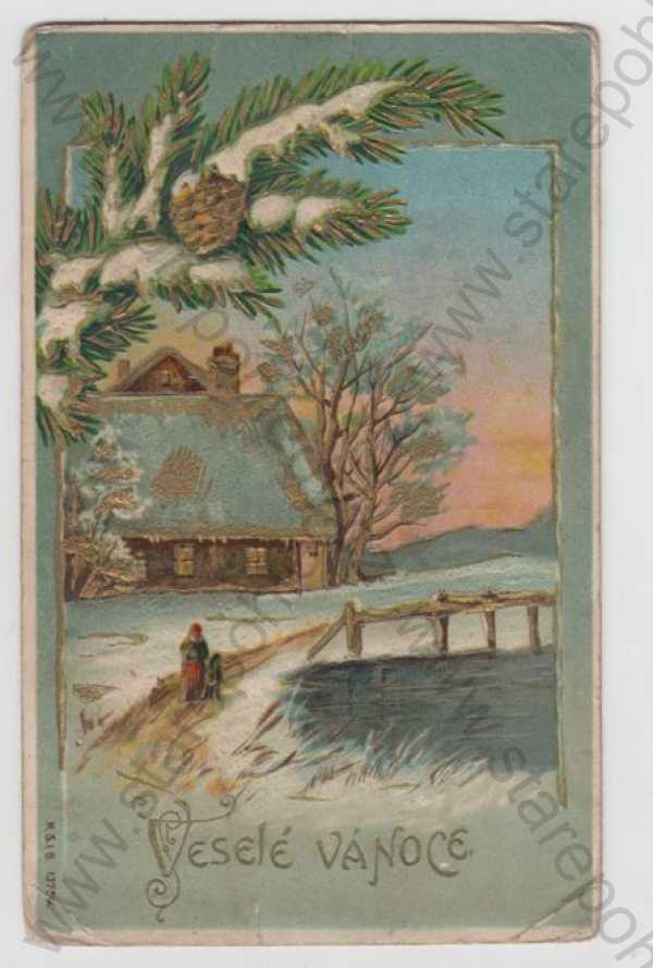  - Vánoce, dům, krajina, sníh, zimní, kolorovaná, zlacená, plastická karta