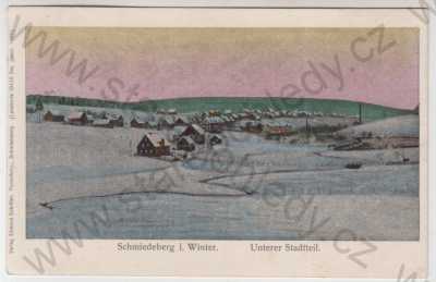  - Kovářská (Schmiedeberg) - Chomutov, celkový pohled, zima, sníh, svítící, kolorovaná