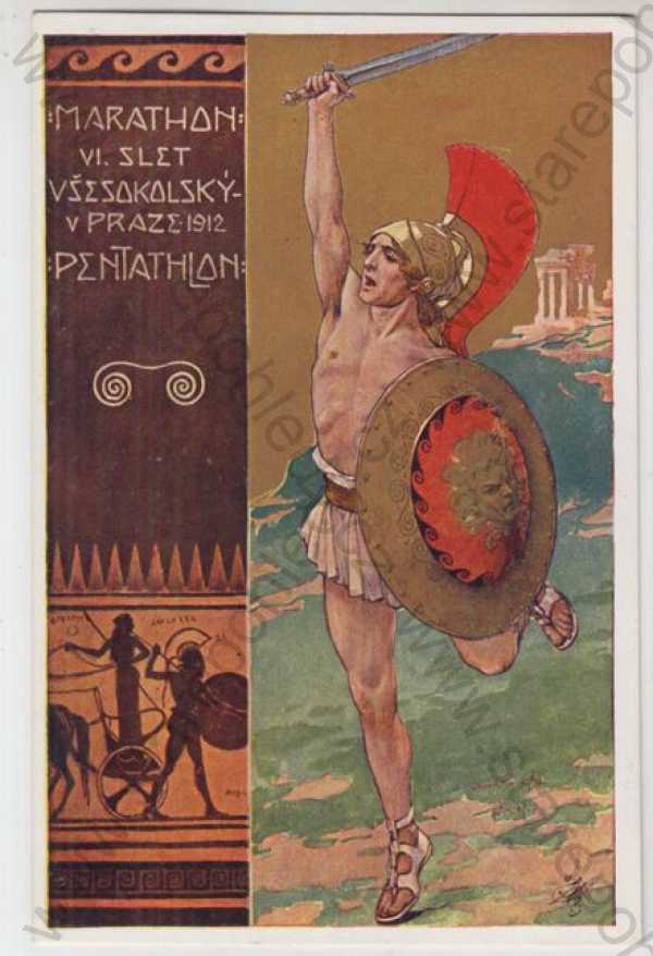  - Sokol, slet, Praha, Marathon, kolorovaná, zlacená