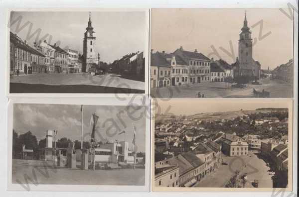  - 4x Velké Meziříčí (Žďár nad Sázavou), náměstí, kůň, povoz, automobil, Výstava Horácka, Grafo Čuda Holice